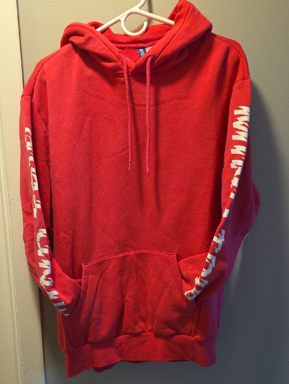 H&M Red Pullover Hoodie with White Sleeve Graphics
